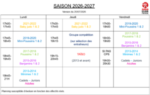 Horaire des cours saison 2026-2027
